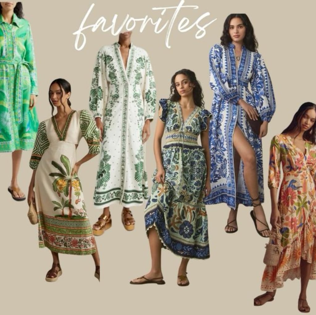A collage of six women modeling vibrant, patterned dresses and outfits made from cotton print fabric, showcasing various designs and styles in a fashion photoshoot setting with the word "favorites" written at the top.