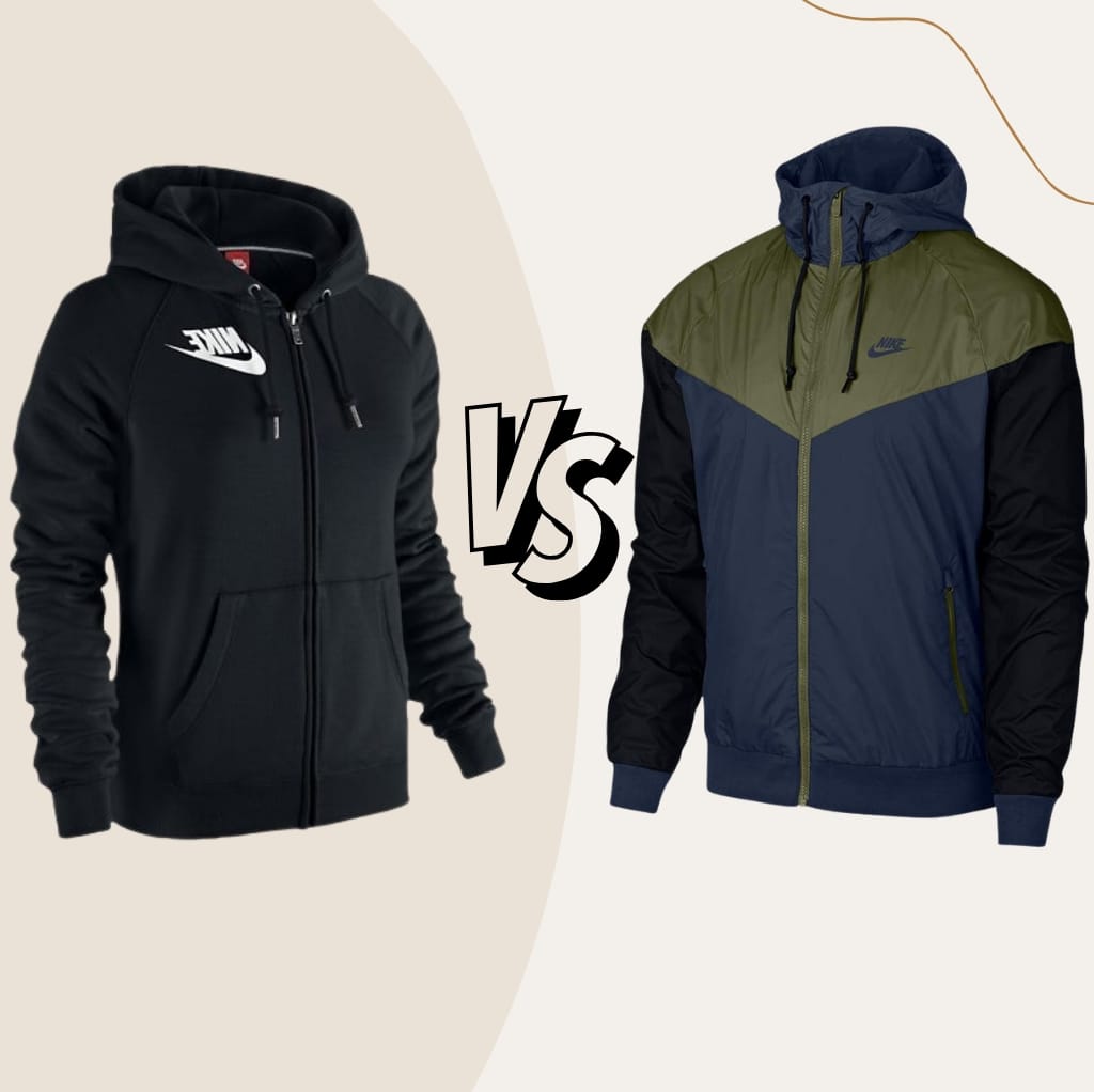 Comparison image of two Nike hoodies/jackets: one black zip-up hoodie with Nike logo on the chest on the left, and a color-blocked lightweight jacket with a hood in green, navy, and black on the right, separated by a "VS" in the center.