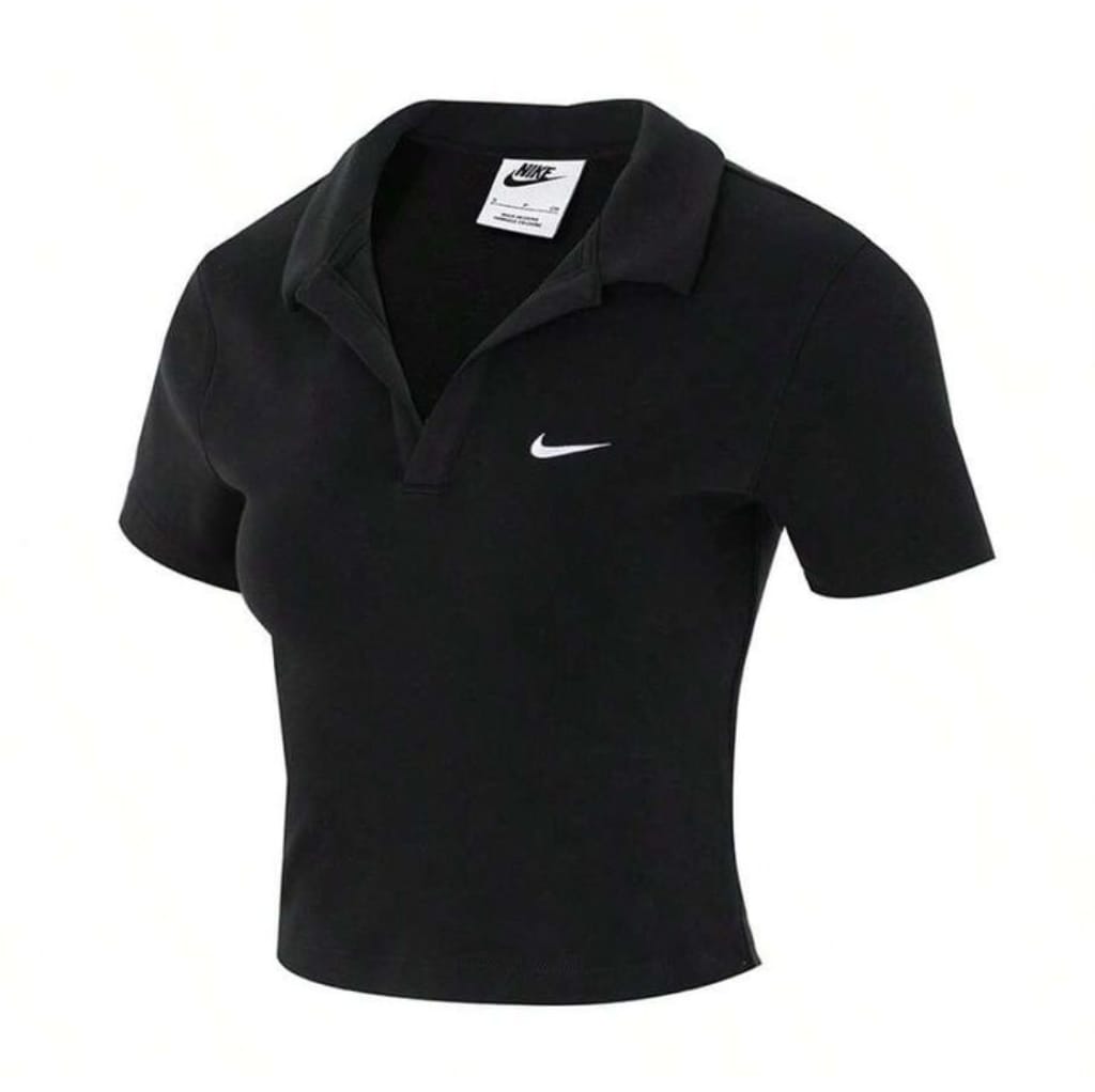Black Nike polo shirt with white Nike swoosh logo on the chest, featuring a collar and short sleeves.