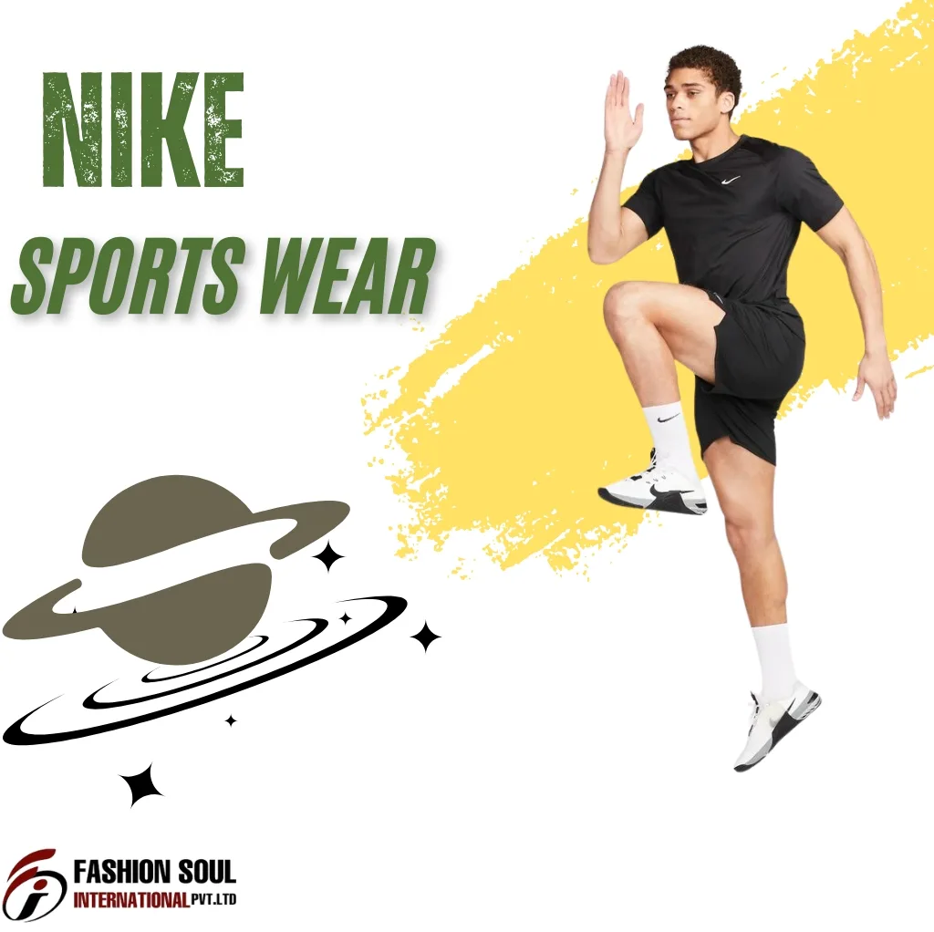 A dynamic advertisement featuring a young man in black Nike sportswear, performing a high-knee athletic move against a background with a yellow paint splash and a stylized planet with rings and stars. The text "NIKE SPORTS WEAR" is displayed prominently, along with the logo of Fashion Soul International Pvt. Ltd.