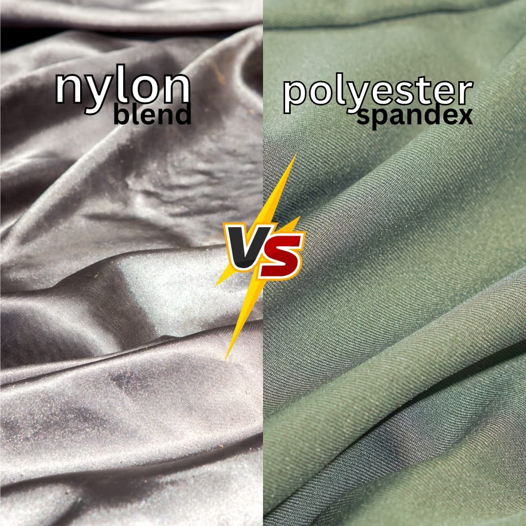 A close-up comparison of two fabric types: on the left, shiny, smooth nylon blend fabric with a reflective surface and slight wrinkles; on the right, matte, tightly woven polyester spandex fabric with a dull finish and smooth texture, with a "VS" graphic in the center.