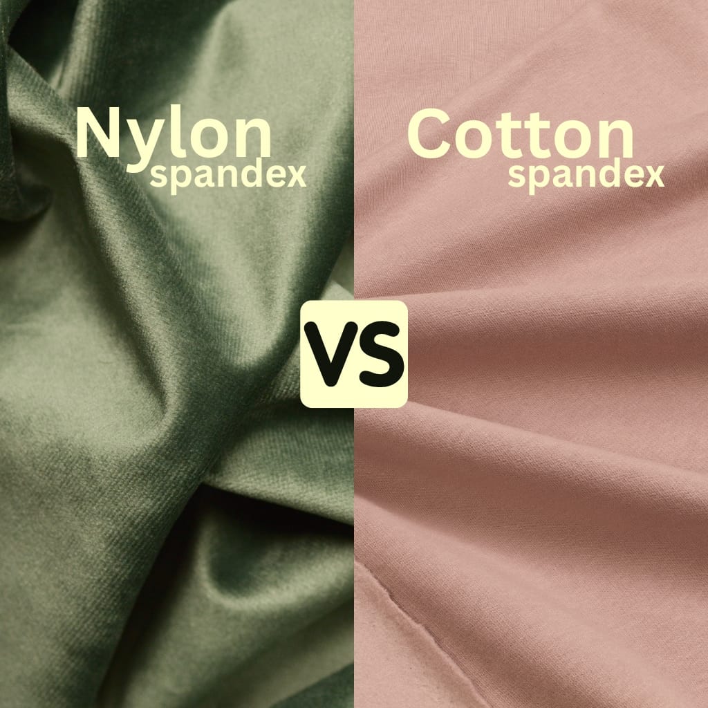 Comparison image showing close-up fabrics of nylon-spandex (left side, greenish) and cotton-spandex (right side, pinkish), with the text "Nylon spandex" over the nylon fabric and "Cotton spandex" over the cotton fabric, separated by a "vs" symbol.