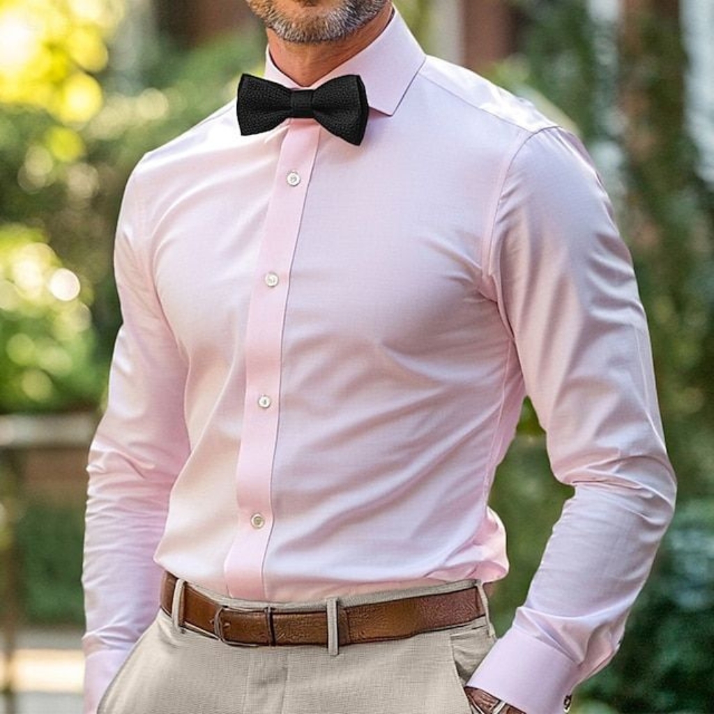 A man wearing a light pink, long-sleeved, button-down cotton shirt with a subtle sheen, paired with beige trousers and a brown belt, standing outdoors with greenery in the background. He has a black bow tie and his hand is in his pocket.
