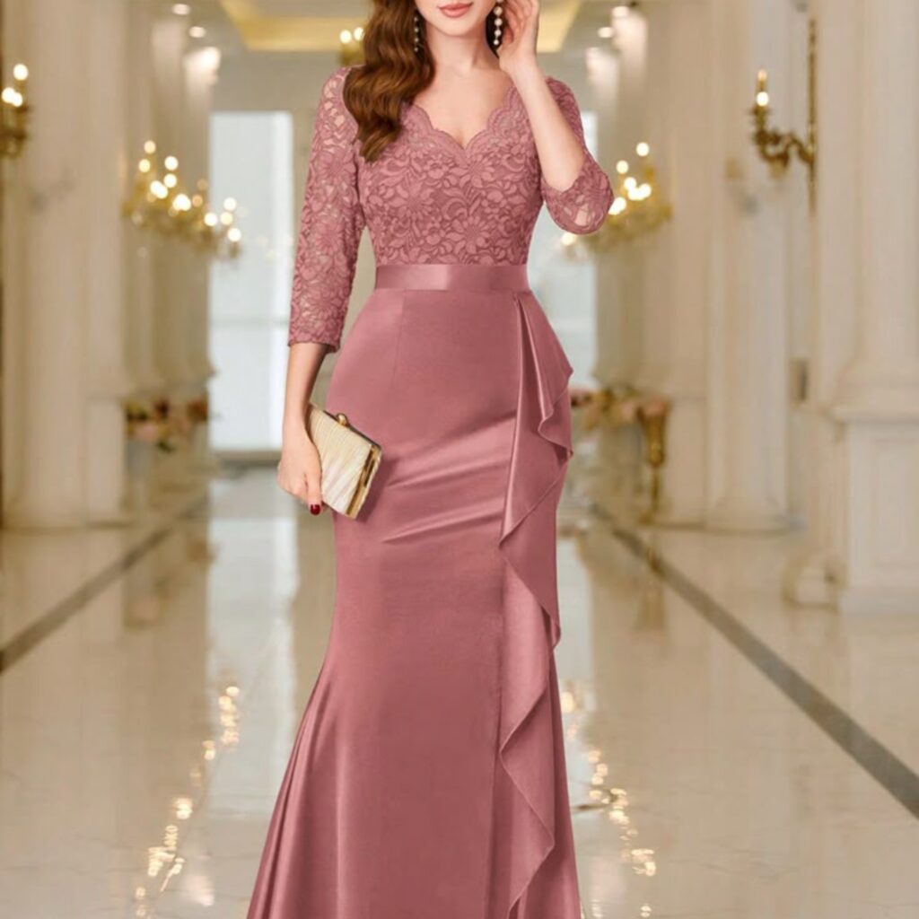 A woman wearing an elegant pastel pink lace dress with three-quarter lace sleeves, a scalloped neckline, and a fitted silhouette with ruffle detailing on the side, holding a small striped clutch bag.