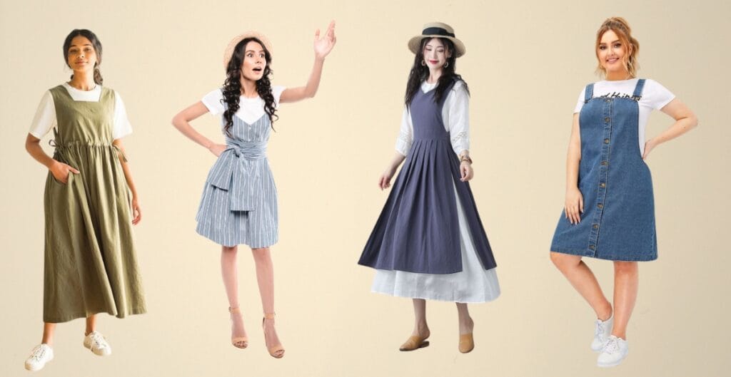 Four women wearing different styles of pinafore cotton dresses, standing against a plain background.