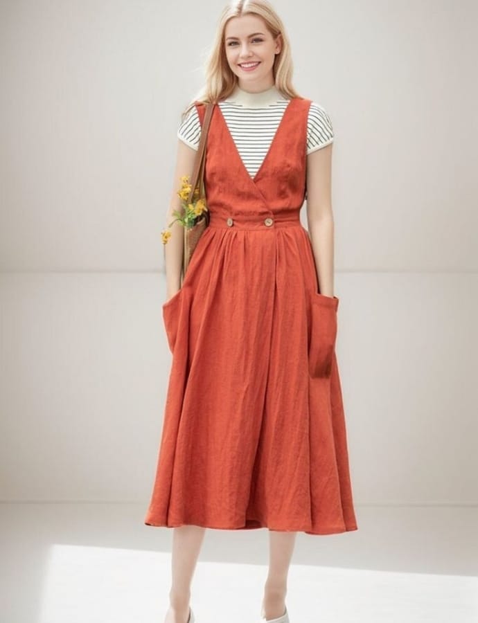 A young woman wearing a rust-colored pinafore cotton dress layered over a striped t-shirt, smiling softly, standing against a plain light background.