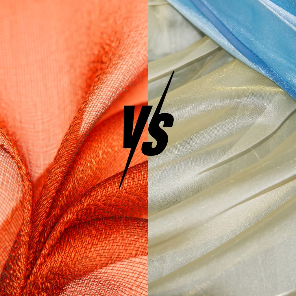 A comparison image showing two types of organza fabric: on the left, orange polyester organza with a textured, slightly stiff appearance; on the right, silk organza with a smooth, shiny, and delicate look.