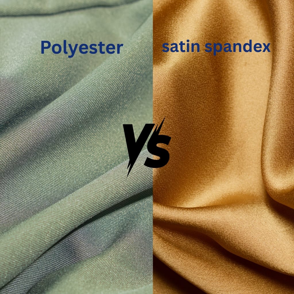 A close-up comparison of two types of fabric textures side by side. The left side shows a smooth, matte fabric labeled "Polyester," while the right side displays a shiny, lustrous fabric labeled "satin spandex." The center features a bold "VS" indicating a comparison between the two fabrics.