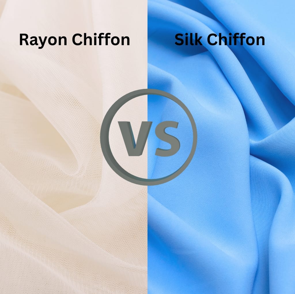 Comparison image showing two types of chiffon fabrics: on the left, beige-colored Rayon Chiffon with a semi-transparent, soft, and textured appearance; on the right, blue-colored Silk Chiffon with a smooth, glossy, and flowing look, side-by-side with a "VS" in the center.