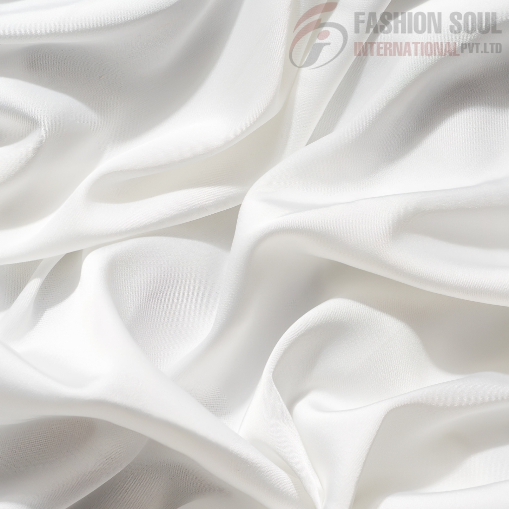 Close-up of smooth, white satin fabric with gentle folds and a subtle sheen, featuring a semi-transparent "Fashion Soul International Pvt Ltd" logo in the top right corner.