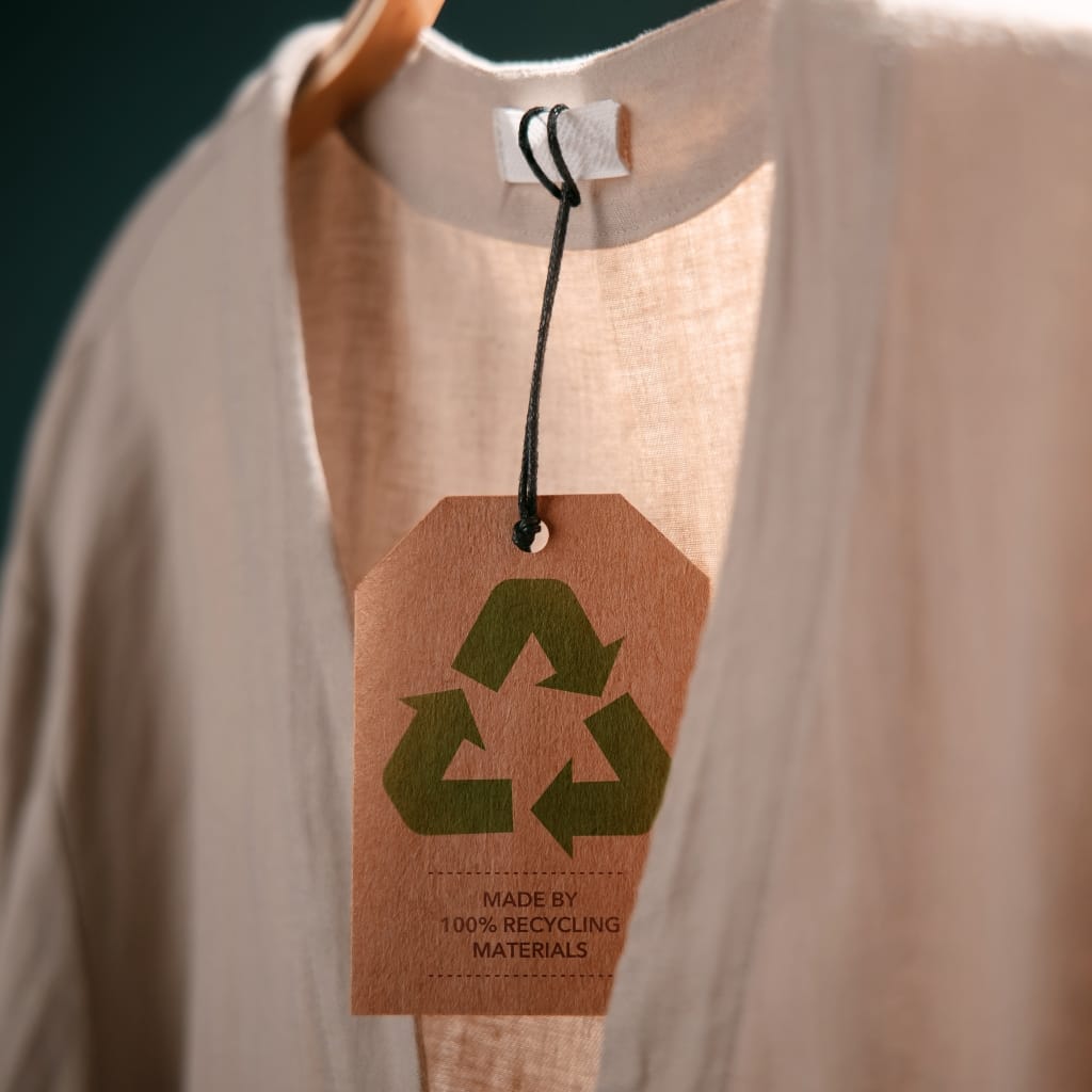 Clothing tag with a recycling symbol and the text "Made by 100% Recycling Materials" hanging on a beige fabric garment.