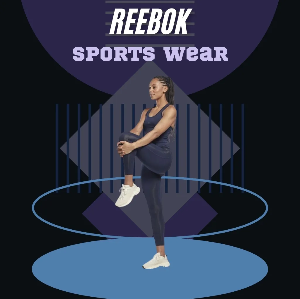 A woman in athletic wear performing a balance pose on one leg, set against a dark, geometric background with the text "Reebok Sports Wear" at the top.