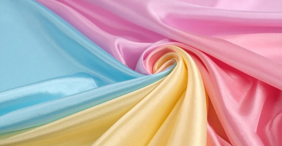 Colorful silky fabric in pastel shades of pink, blue, yellow, and peach, arranged in a swirling pattern.