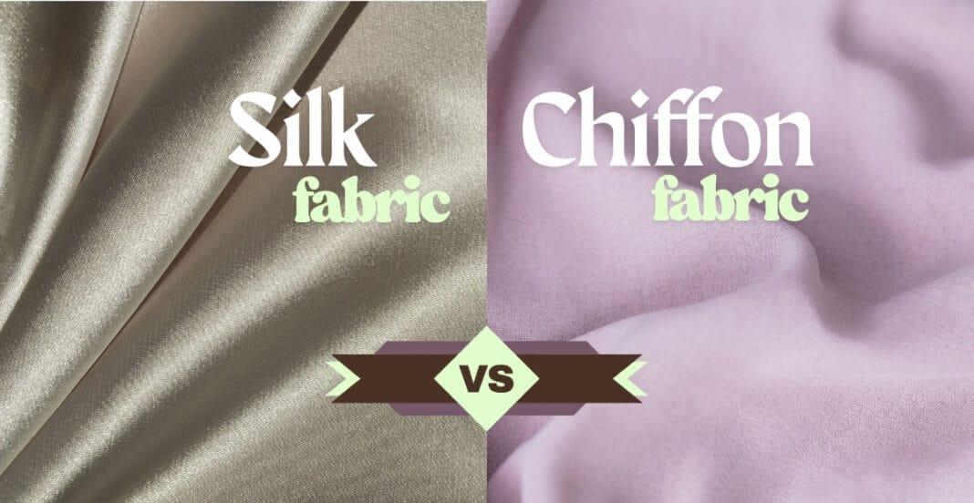 Comparison image showing fabrics magnified to highlight their textures, with silk on the left and chiffon on the right, along with the words 