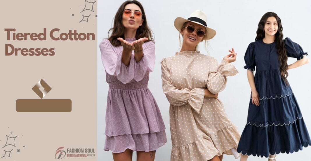 A promotional image showcasing three women wearing different-tiered cotton dresses in pastel and dark colors, each accessorized and posing cheerfully.