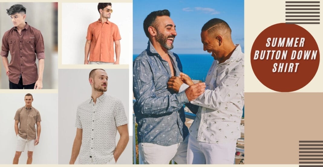A collage of several men wearing button-down shirts in various colors and patterns, with a close-up of two men smiling and interacting, set against outdoor and minimal backgrounds.