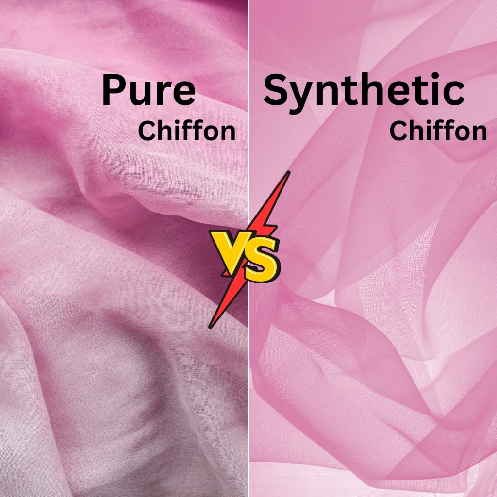Split image contrasting two types of chiffon fabric: on the left, pure chiffon with a soft, matte appearance; on the right, synthetic chiffon with a slightly shinier and more transparent look. A "vs" sign in the center emphasizes the comparison.