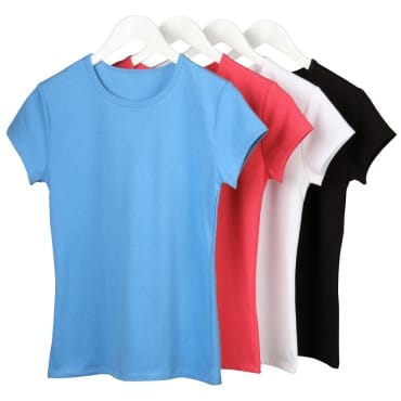 A set of four plain, short-sleeved T-shirts in blue, red, white, and black, hanging on white hangers.