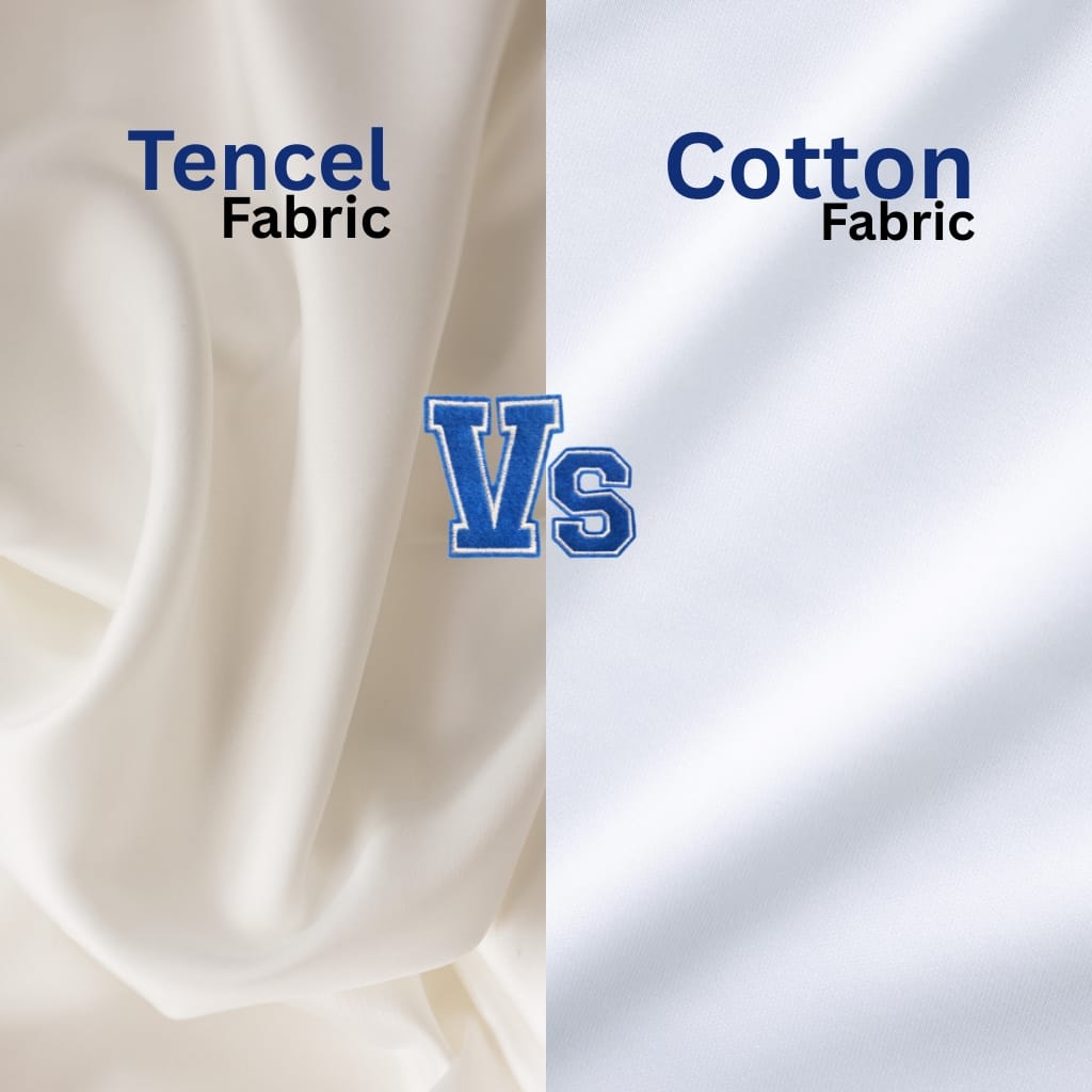 Side-by-side comparison of luxurious Tencel fabric on the left and classic white cotton fabric on the right, with "VS" in the center.
" what is tncel fabric"