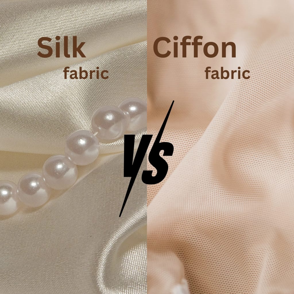 Close-up of luxurious fabrics with a pearl bracelet draped over silk and chiffon material. Text overlay reads "Silk vs Ciffon" highlighting a comparison.