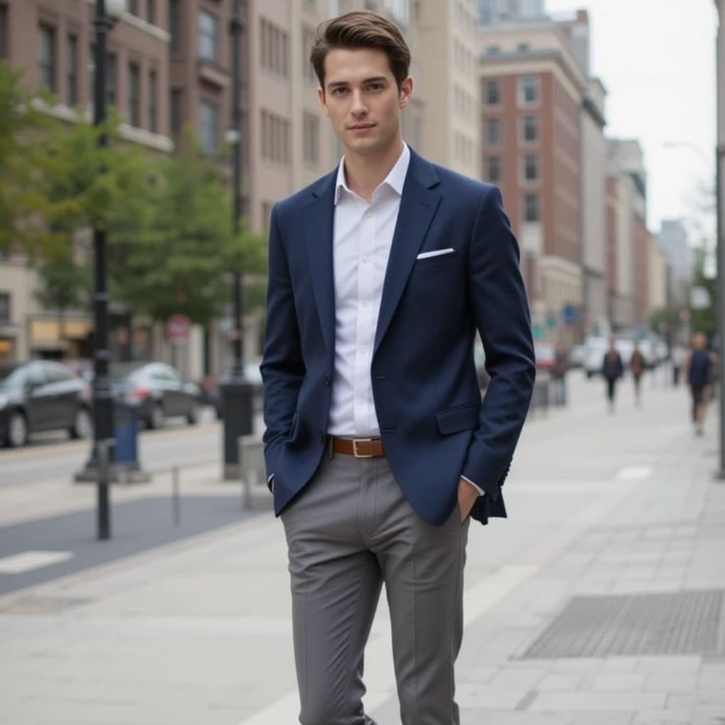 Alt Text: A young man dressed in a smart-casual outfit, wearing a navy blue sport coat over a white polo shirt, paired with light gray trousers, standing on a city street.