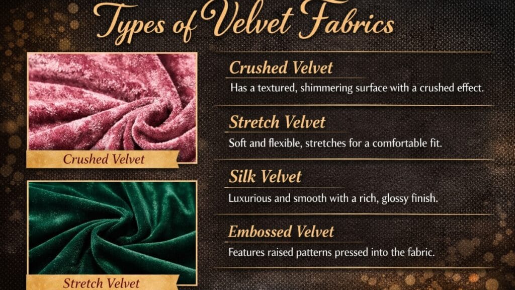 Types of velvet fabrics shown with labeled examples: crushed velvet, stretch velvet, silk velvet, and embossed velvet.