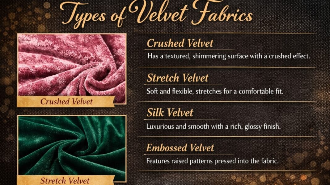 Types of velvet fabrics shown with labeled examples: crushed velvet, stretch velvet, silk velvet, and embossed velvet.