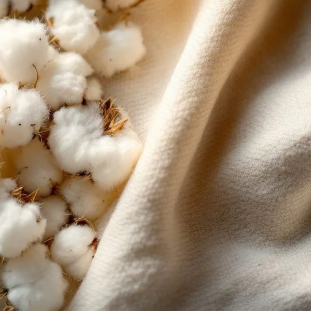 Close-up of cotton bolls next to a soft, beige fabric surface.