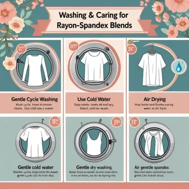 An infographic illustrating washing and caring instructions for rayon-spandex blends, featuring six icons with text descriptions and floral decorative elements.