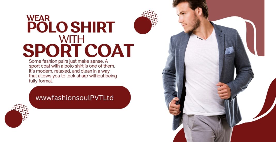 Man wearing a white polo shirt with a blue sport coat, standing against a stylish maroon and white background