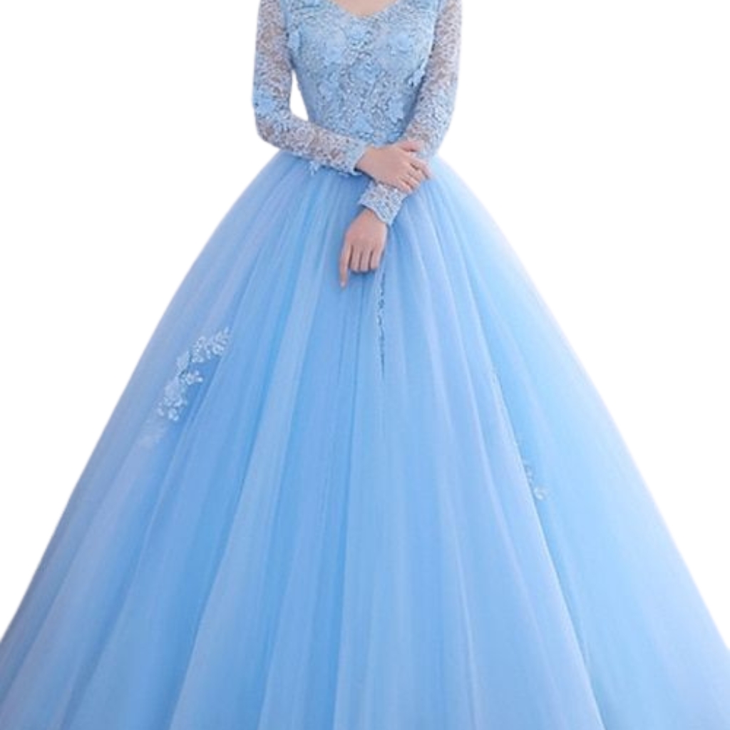 A woman wearing a stunning sky-blue tulle prom dress with long lace sleeves and intricate embroidery.