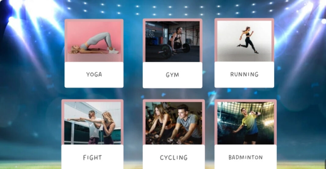A collection of six sports activities with related images and labels: Yoga, Gym, Running, Fight, Cycling, and Badminton, set against a background of a stadium with bright lights.