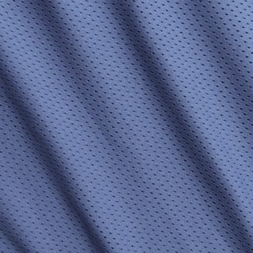 Close-up image of blue mesh spandex fabric showing its fine, perforated, and stretchy texture.