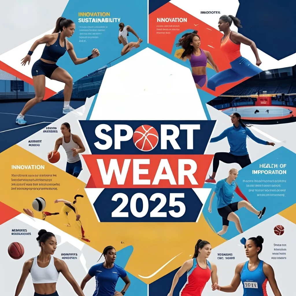 A vibrant collage featuring female athletes engaged in various sports activities such as running, basketball, volleyball, soccer, and gymnastics, with bold, colorful geometric backgrounds highlighting the theme "Sport Wear 2025."
