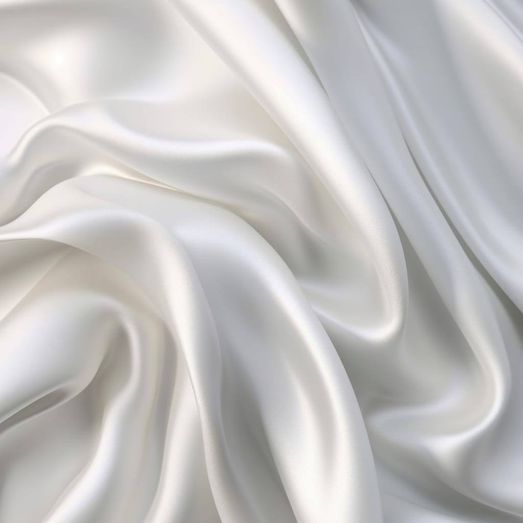 Close-up of white cupro fabric with a smooth, shiny surface and flowing texture.