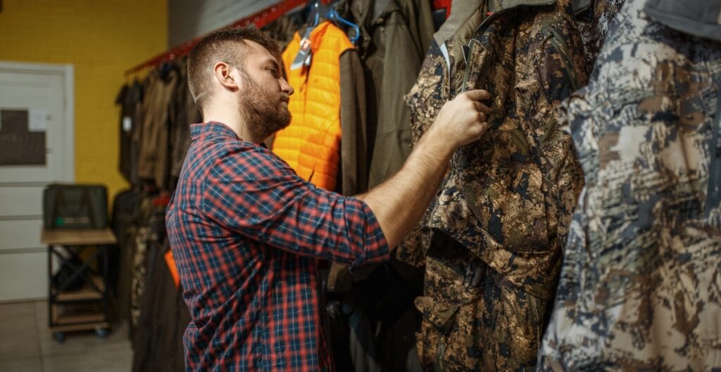 A man with a beard, wearing a red plaid shirt, is shopping for camouflage clothing and examining a camouflage jacket on a rack in a store.