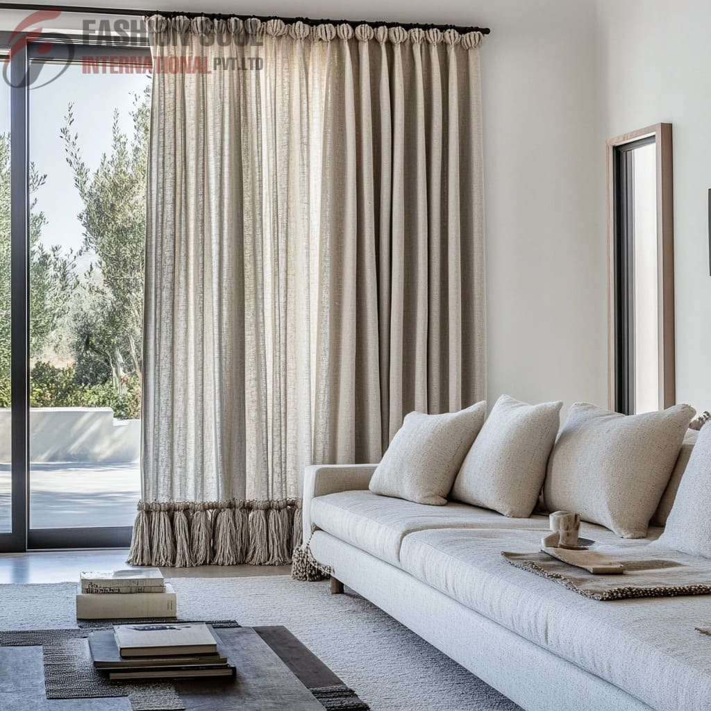 A modern living room corner featuring a large beige sofa with matching cushions, a textured rug, and a coffee table with stacked books and a decorative tray with candles. Beige curtains cover a glass door that opens to an outdoor view of trees.
