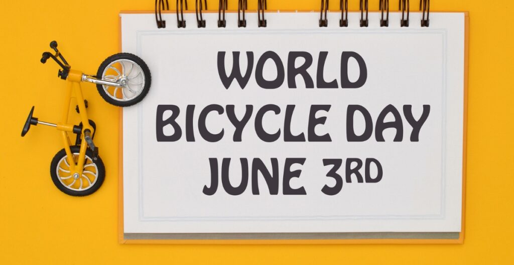 "A group of people cycling in a city park on World Bicycle Day, promoting health and sustainability"