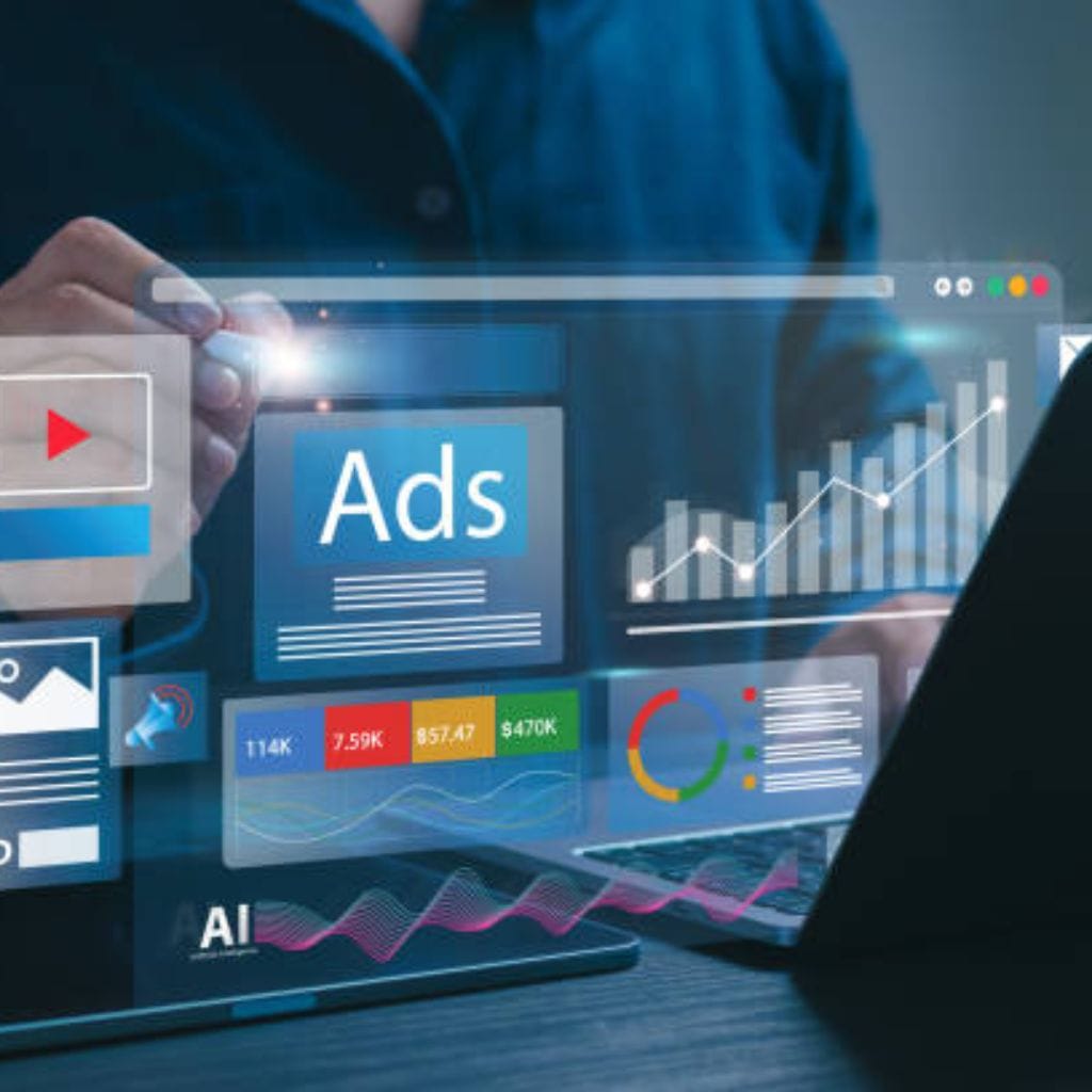 A digital marketing expert analyzing ad performance dashboards on a virtual interface, representing modern advertising trends and opportunities to write for us content marketing.