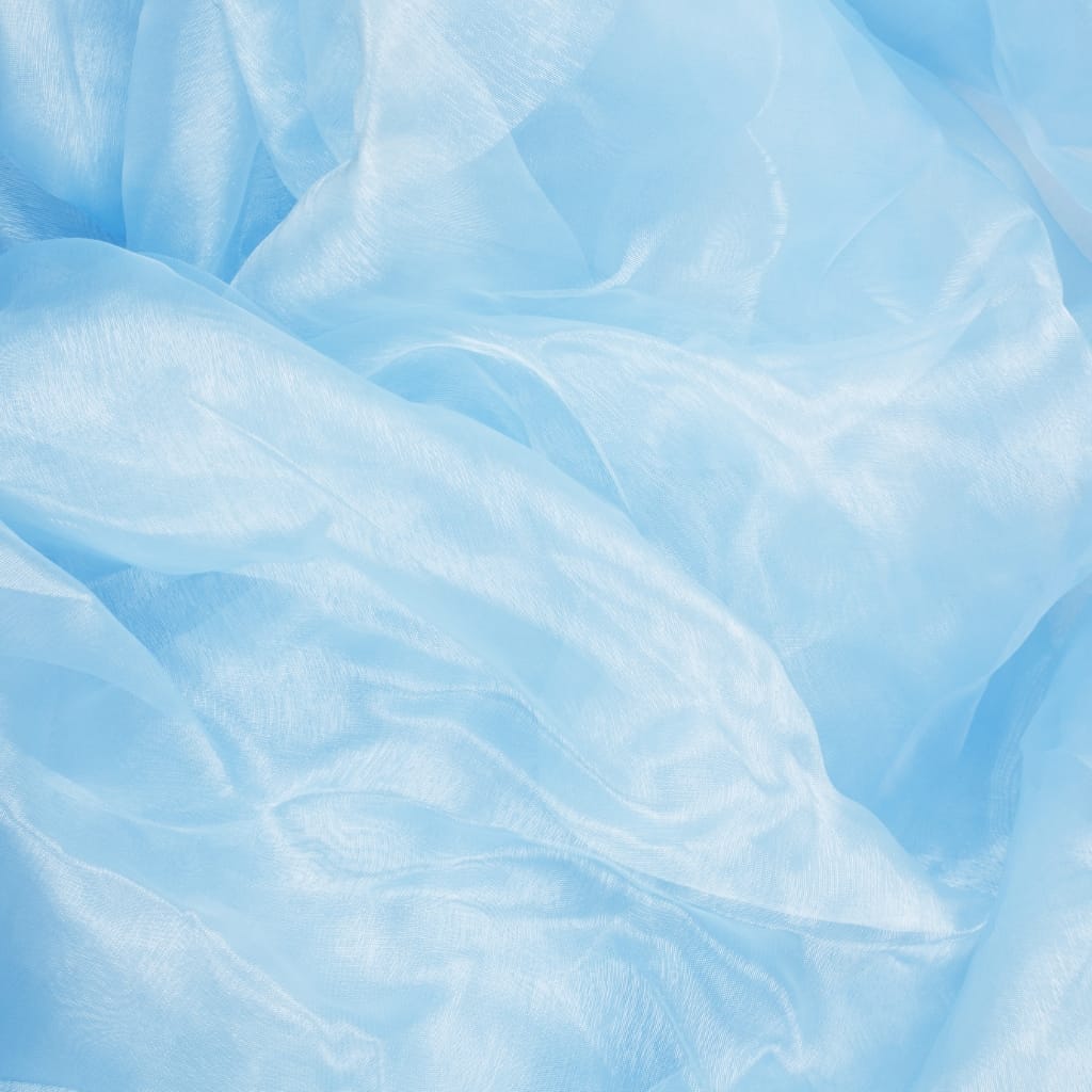 Light blue, semi-transparent, crinkled fabric with a delicate sheen, characteristic of crystal organza.