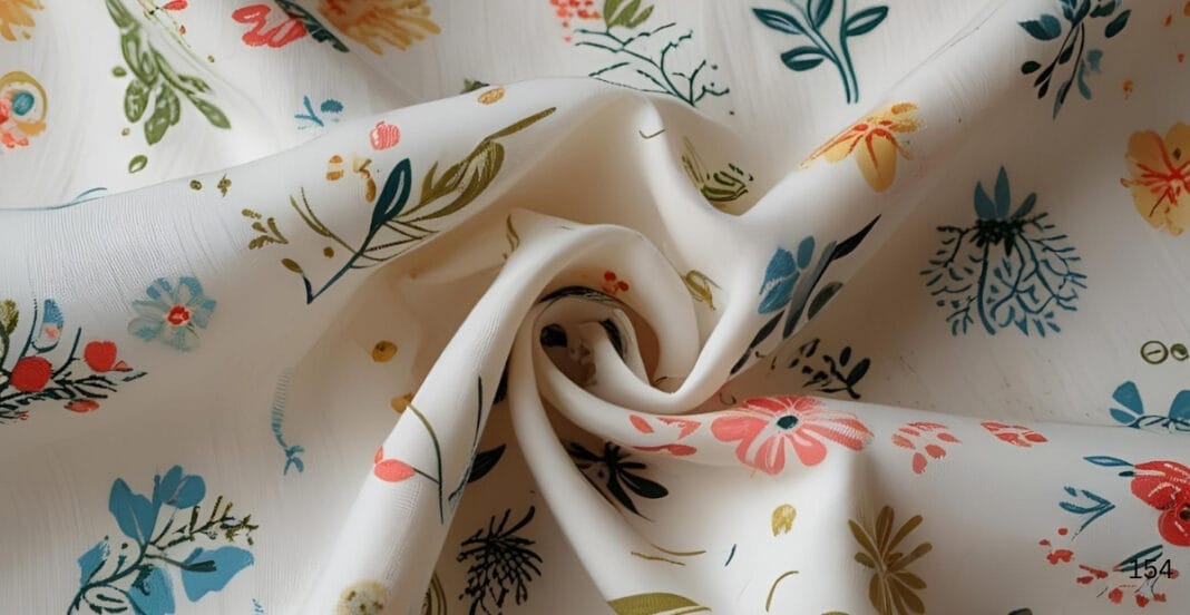 A close-up photo of soft, white cotton fabric decorated with a colorful floral pattern featuring pink, blue, green, and black flowers and leaves.
