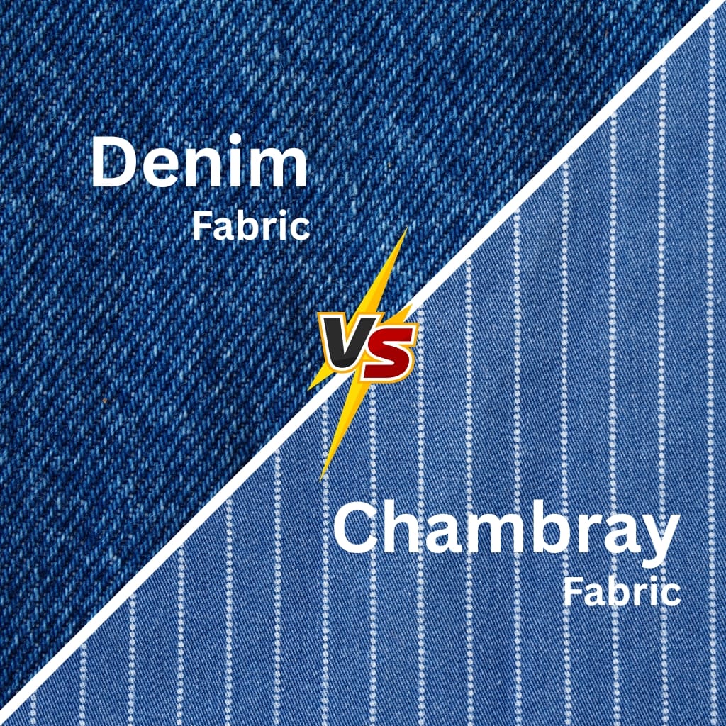 A side-by-side comparison image showing lightweight denim fabric on the left and chambray fabric on the right, with a "VS" symbol in the center, highlighting the differences between the two fabrics.
