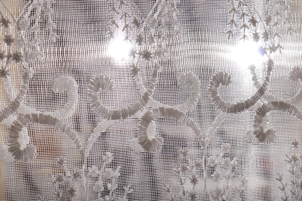 A close-up of a sheer lace curtain with intricate embroidered floral and swirling patterns, allowing light to pass through.