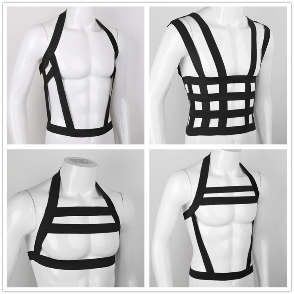 A collage of four mannequins showcasing various men's sports bras with different strap and band designs, emphasizing inclusivity and diverse body support.