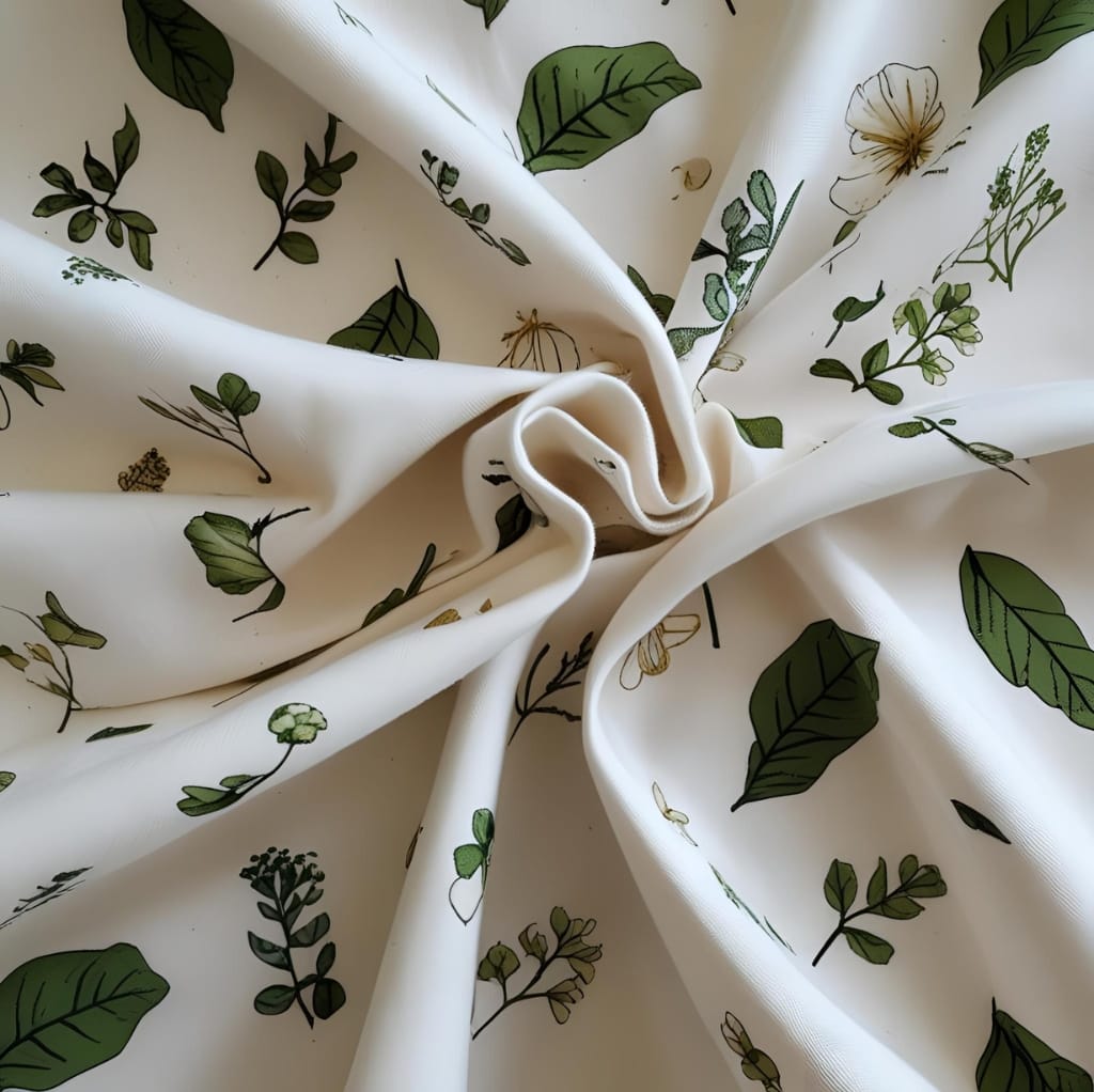 Close-up image of organic designer cotton fabric featuring a white background with a botanical print of various green leaves, flowers, and small insects, gathered in the center with soft folds.