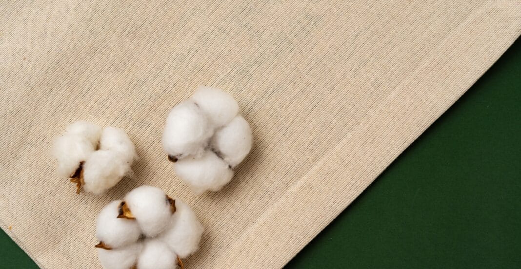 Close-up image of raw cotton bolls placed on a beige fabric surface with green fabric in the background.