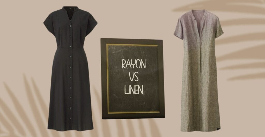 Two long dresses, one black and one gray, are displayed on either side of a chalkboard with the words "Rayon vs Linen" written on it. The background features soft shadows of leaves.