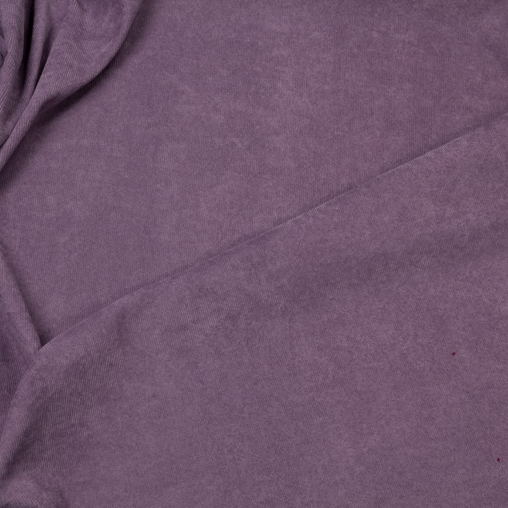 Close-up of purple corduroy fabric showing smooth, fine-wale texture.