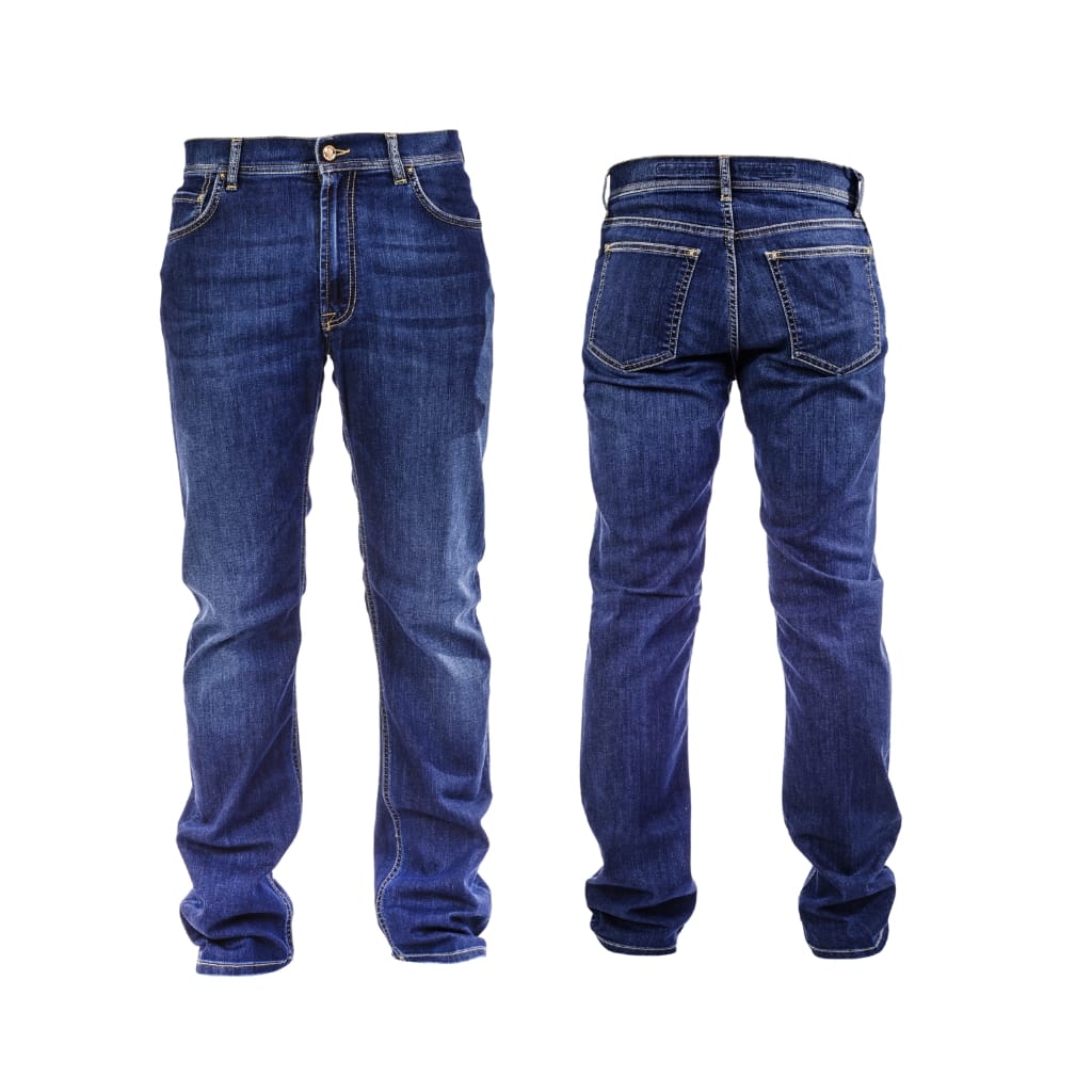 Front and back views of a pair of classic blue denim jeans, displaying their fit and design details.