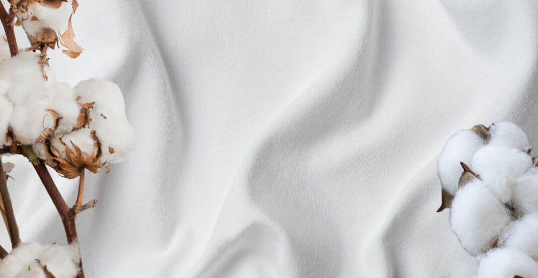 Soft, pristine white cotton fabric with a smooth, slightly wrinkled texture, garnished with cotton boll branches on either side.
